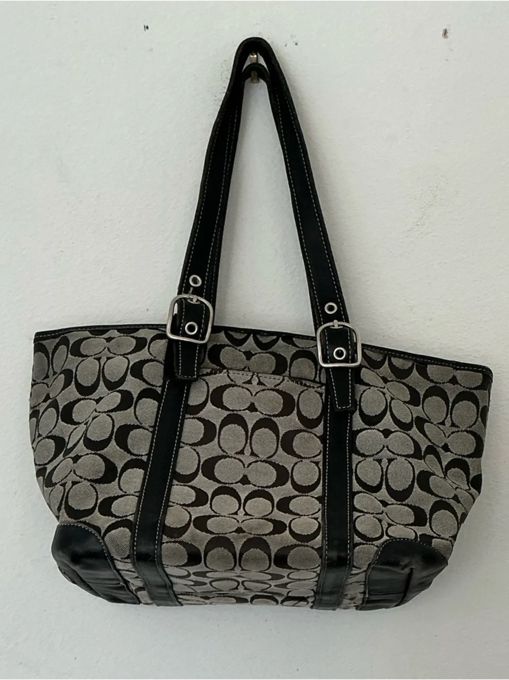 Coach Signature Canvas Tote Bag Brown Black Leather Trim Style 6042 - Picture 14 of 15